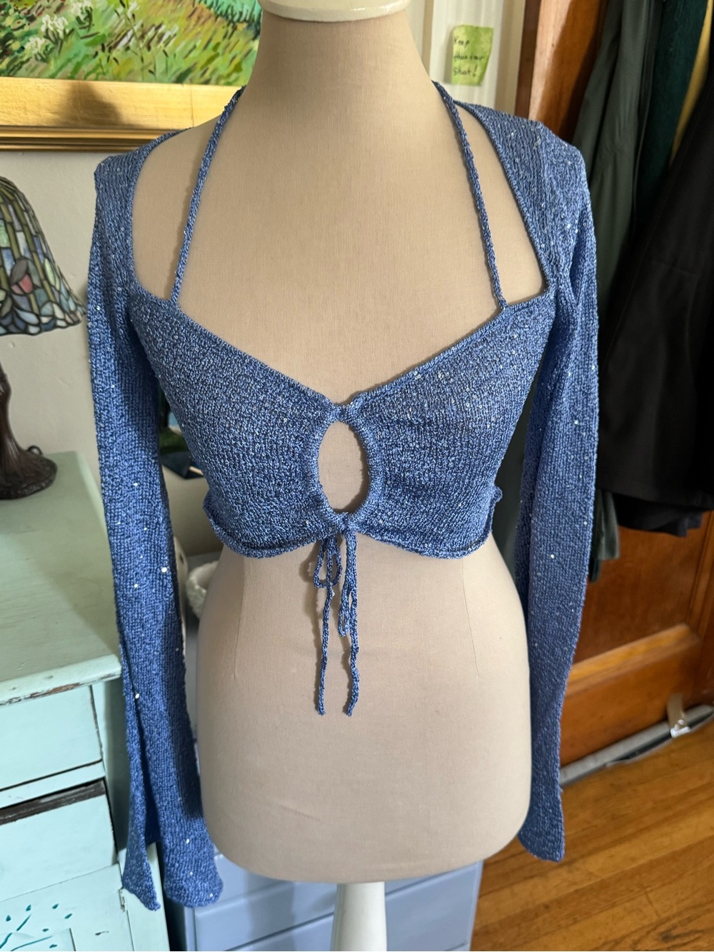 Current Mood Sparkly Blue Tie-Front Knit Crop Top Bolero Sleeves M Sequins NWT